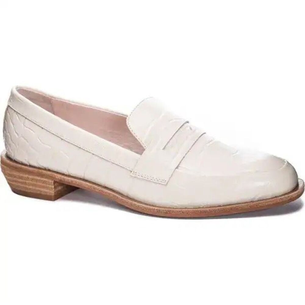 42 Gold $150 Women's Leather Croc Embossed Penny Loafer Shoes Cream 9.5 NWOT